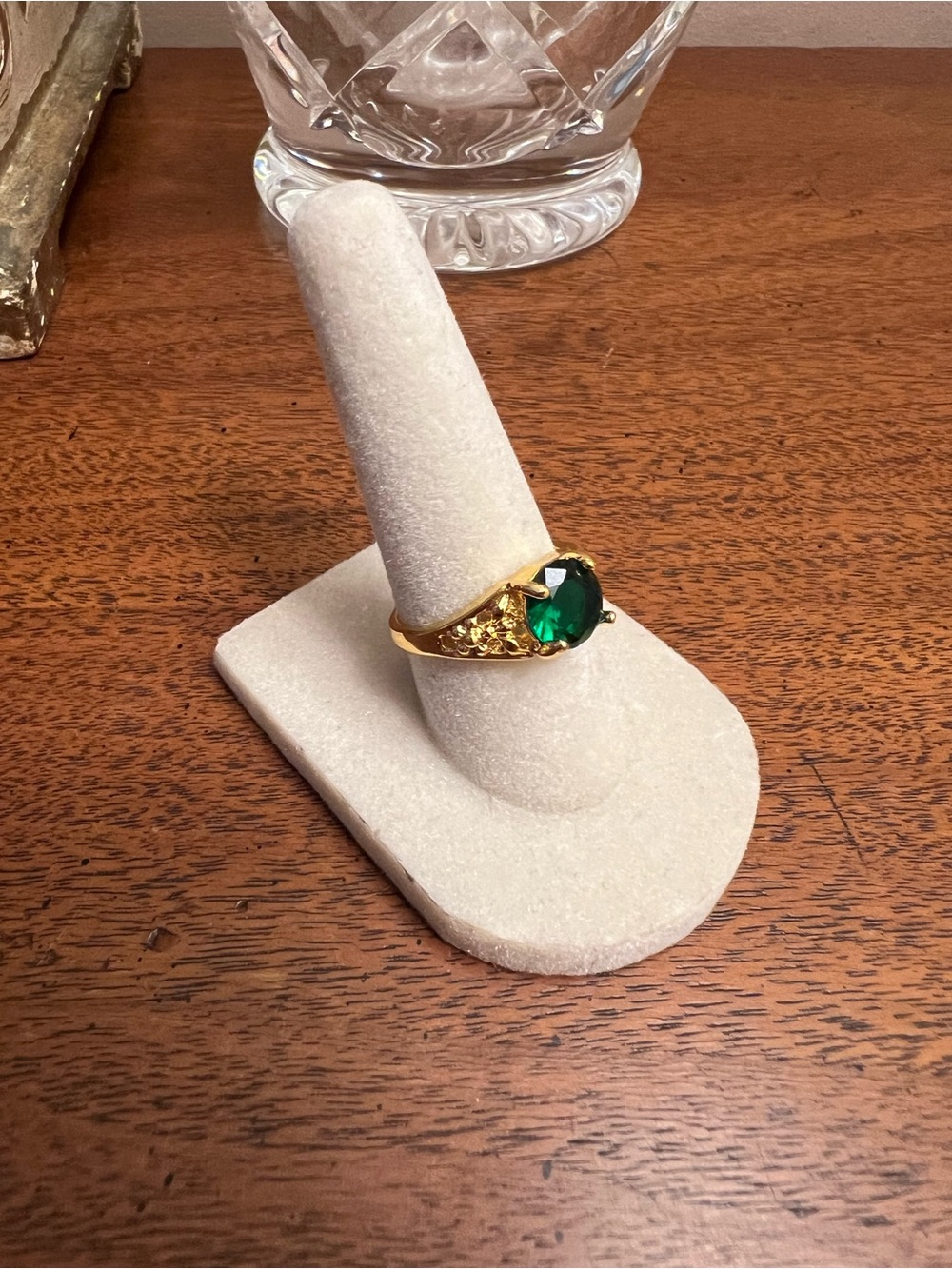 Gold-Tone Ring with Emerald Green Round CZ Gemstone